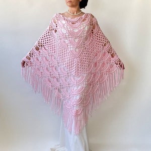 Cotton wedding shawl, bridal crochet wrap, evening boho scarf, pink cover up, fringed summer shawl, bridesmaid gift, triangular
