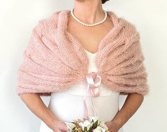 Handmade Mohair Bridal Shawl: Blush Pink Fuzzy Knit Wrap