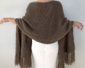 Taupe Mohair Blend Shawl, Handmade Fringed Wedding Wrap