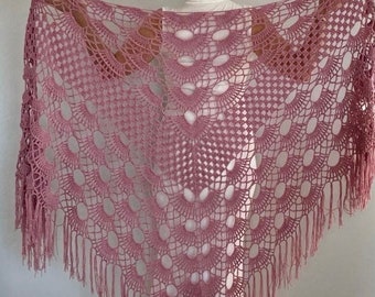 Châle rose de mariage, enveloppement rose de mariée, châle de soirée en coton, écharpe bohème à franges, couverture d'été, châle de mariage nuptiale, triangulaire