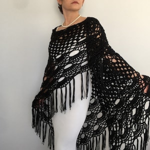 Black Crochet Wedding Shawl, Boho Fringed Bridal Wrap