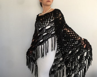 Black Crochet Wedding Shawl, Boho Fringed Bridal Wrap