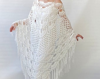 Ivory Wedding Shawl, Boho Fringed Bridal Wrap, Cotton Crochet Cover Up, Handmade