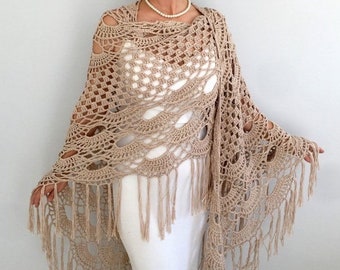 Scialle da sposa, scialle di cotone, copertura boho, scialle con frange, involucro beige, scialle e involucro, uncinetto, sera, virus, estate