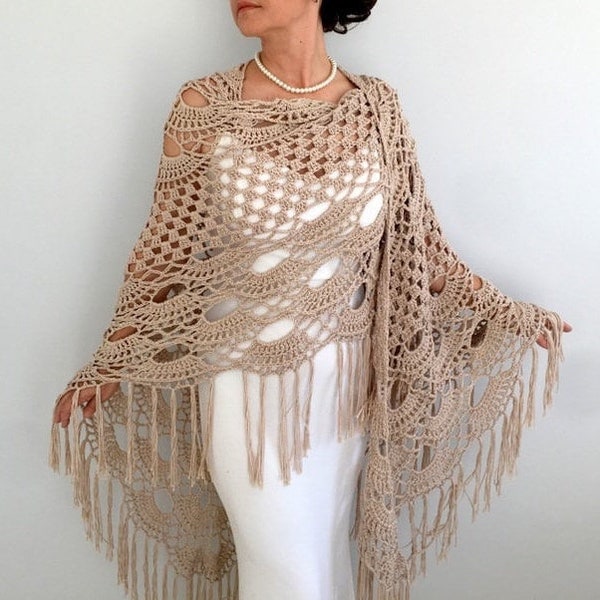 Wedding shawl, cotton shawl, boho cover up, fringed shawl, beige wrap, shawl and wrap, crochet, evening, virus, summer