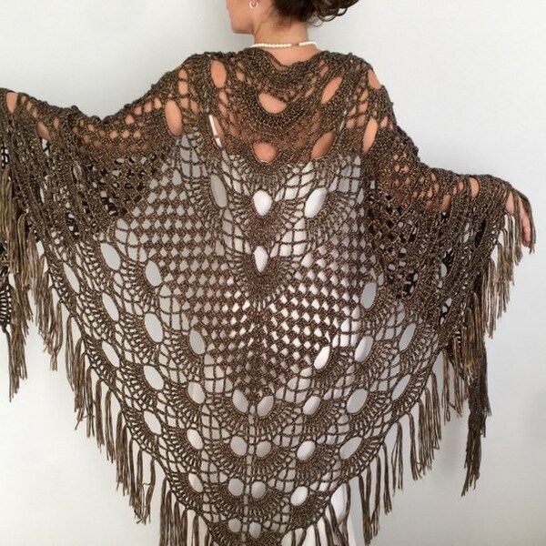 Crochet shawl, brown bridal wrap, fringed, wedding cover up, shawls and wraps, evening, gift, triangular, lace