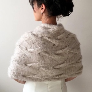 Bruiloftsjaal, omslagdoek bruidsmohair, beige gebreide cover-up, winter, bruiloftcape, sjaals en omslagdoeken, bruidsbolero, stola, grote maat afbeelding 7