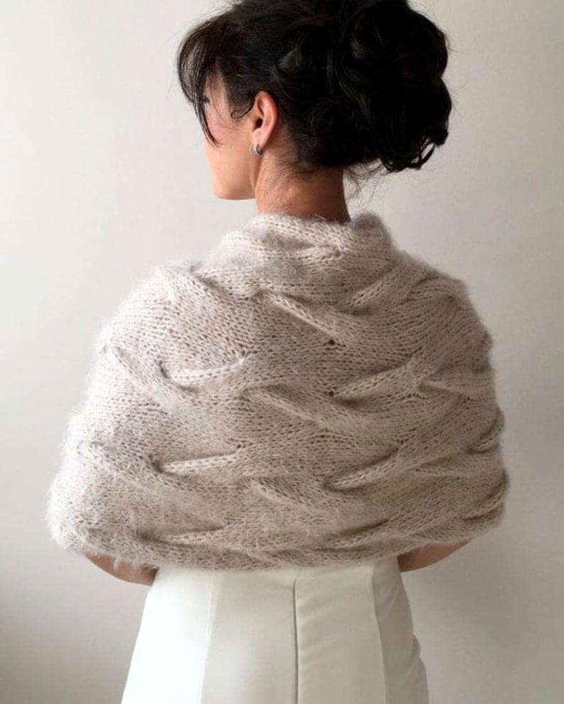 Bruiloftsjaal, omslagdoek bruidsmohair, beige gebreide cover-up, winter, bruiloftcape, sjaals en omslagdoeken, bruidsbolero, stola, grote maat afbeelding 7