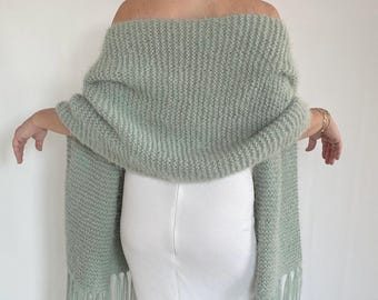 Hand Knit Mohair Wedding Shawl: Sage Green Bridal Wrap