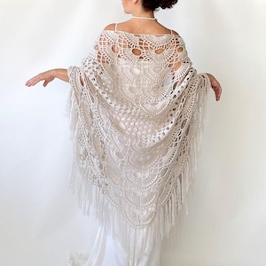 Crochet Beige Wedding Shawl: Mohair Wool Bridal Wrap
