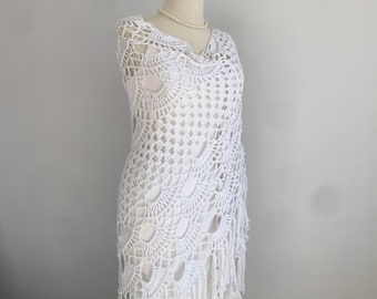 White Crochet Shawl, Bridal Wedding Wrap, Fringed Cotton Blend Handmade