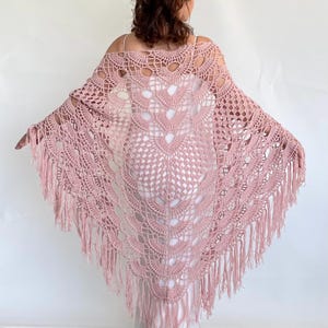 Wedding cotton shawl, bridal crochet wrap, pink cover up, evening boho scarf, fringed summer powder shawl, bridesmaid gift, triangular