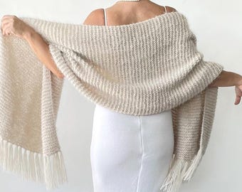 Beige Wedding Shawl, Mohair Bridal Wrap, Fringed Scarf, Handmade
