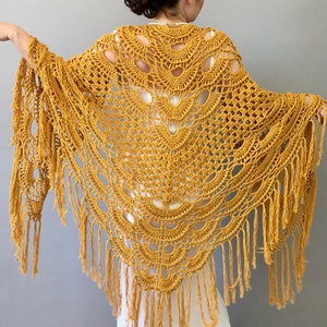 Bridal Cotton Wedding Shawl, Mustard Crochet Wrap, Evening Cover Up, Yellow Scarf, Boho Shawl, Summer, Gift, Fringe, Triangular