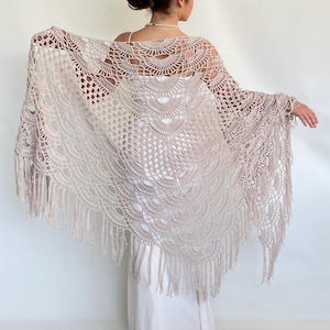 Wedding shawl, bridal cotton crochet wrap, boho beige cover up, fringed shawl, bridesmaid gift, evening scarf, virus, summer