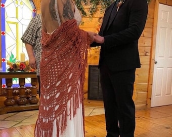 Handmade Cotton Crochet Wedding Shawl: Burnt Orange Boho Bridal Wrap