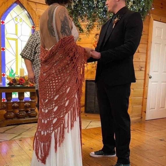 Handmade Cotton Crochet Wedding Shawl: Burnt Orange Boho Bridal Wrap