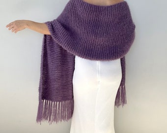 Wedding violet wool shawl, bridal purple mohair wrap, woman evening scarf, gift for her, knitted cover up, winter wedding, fringed