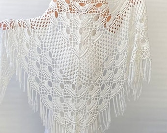 Handmade Ivory Cotton Crochet Wedding Shawl: Fringed Bridal Wrap