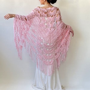 Cotton crochet pink shawl, evening wrap, bridal wedding scarf, boho summer fringed cover up, gift for her, woman, triangular