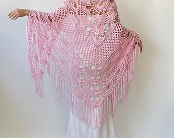 Handmade Crochet Cotton Shawl: Pink Boho Fringed Scarf
