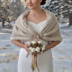 Mohair Wedding Shawl, Light Beige Knit Bridal Wrap