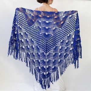 Wedding crochet cobalt blue shawl, bridal cotton wrap, fringed boho scarf, evening summer cover up, bridesmaid gift,