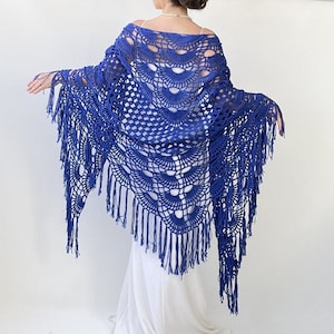 Cobalt shawl, vibrant blue wrap, cotton evening scarf, bridal wedding shawl, gift for her, fringed boho cover up, summer shawl