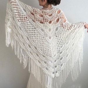 Bridal Wedding Shawl, Crochet Wrap, Ivory Cover Up, Wool Scarf, Winter, Fringed, Bridesmaid Gift, Evening, Lace, Cape