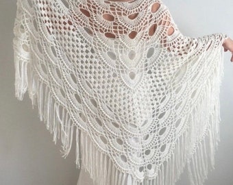 Bridal Wedding Shawl, Crochet Wrap, Ivory Cover Up, Wool Scarf, Winter, Fringed, Bridesmaid Gift, Evening, Lace, Cape