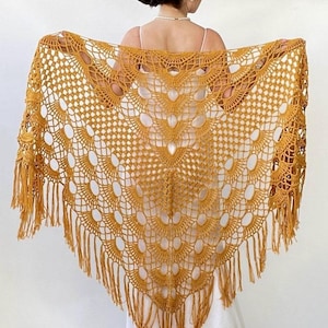 Bridal Crochet Cotton Shawl: Mustard Yellow Boho Wedding Wrap