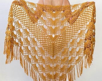 Bridal Crochet Cotton Shawl: Mustard Yellow Boho Wedding Wrap