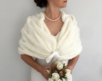 Ivoorkleurige mohair bruidssjaal, winterhuwelijksomslagdoek