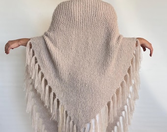 Chal de boda de mohair beige, chal triangular con flecos para novia, abrigo de invierno hecho a mano