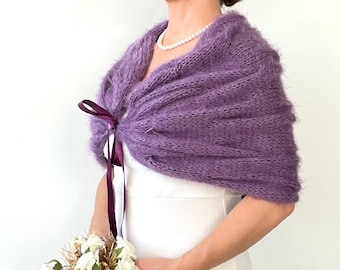 Handmade Purple Mohair Wedding Shawl: Fuzzy Bridal Wrap