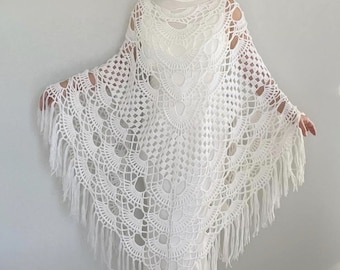 Châle au crochet blanc pour mariage, châle de mariée en laine à franges, couvre-vêtements en mohair, écharpe de soirée, hiver, cadeau de demoiselle d'honneur