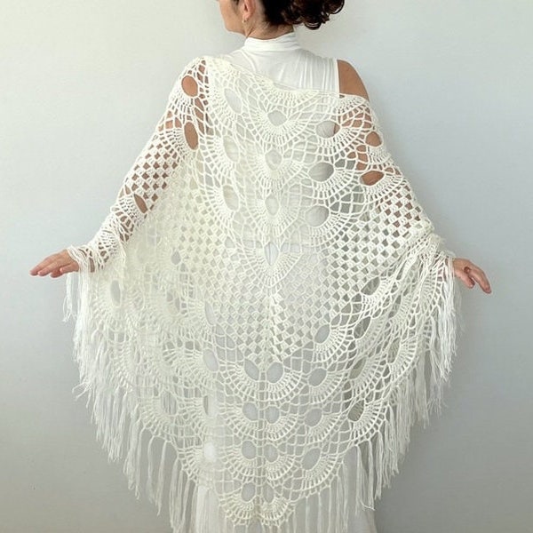 Wedding Shawl, Bridal Crochet Wrap, Ivory Cover Up, Wool Scarf, Winter, Fringed, Bridesmaid Gift, Evening, Lace, Cape