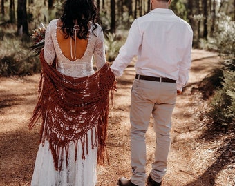 Hand Knit Cotton Crochet Wedding Shawl, Boho Bridal Rust Wrap