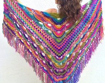 Crochet Boho Wedding Shawl: Multicolor Fringed Acrylic Bridal Wrap
