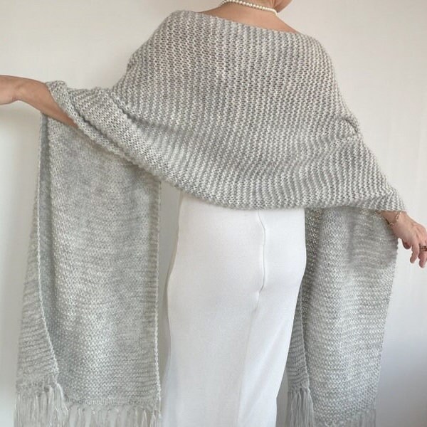 Gray wedding shawl, mohair cover up, bridal rectangular wrap, silver bridesmaid gift, wram, fringed wool evening stole, winter wedding