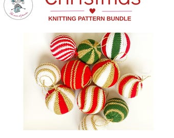 May include: A collection of ten round, hand-knitted Christmas ornaments in red, white, green, and gold yarn. The text reads Christmas KNITTING PATTERN BUNDLE, PDF PATTERN, ESPAÑOL ENGLISH FRANÇAIS, and INSTANT DOWNLOAD. Each ornament features a hanging loop.