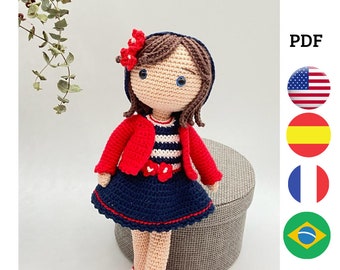 Pattern doll Carol, in english, spanish and french. Amigurumi pattern. Doll with outfits