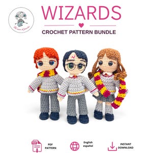 Modèle de magicien amigurumi au crochet, 3 mini-poupées de magicien, patron de poupée au crochet, téléchargement PDF instantané. Apprentis magiciens, modèle amigurumi.