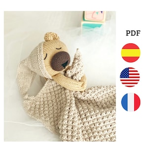 KNITTING BABY LOVEY. Knitted texture blanket. Comforter pattern.  Knit security blanket. English, spanish and french. Soft toy knitted.