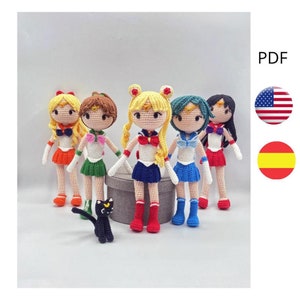 Amigurumi crochet dolls,  pack pattern 6 amigurumis: 5 dolls and the cat,  Pattern crochet amigurumi/  Pattern in English (US), and  spanish