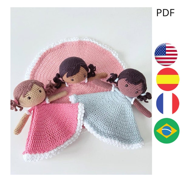 BEVESTIGINGSDEKEN, haakpatroon in het Spaans, Engels, Frans en Portugees, dolly babydekbed, veiligheidsdeken, amigurumi-deken, pop
