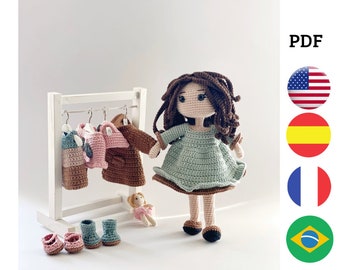 CROCHET DOLL PATTERN, in english, french, spanish and portuguese.. Crochet pattern. Doll pattern. Crochet doll with dresses and shoes.