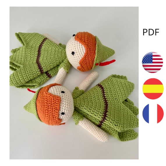 Häkelmuster für eine Anziehdecke, Baby Peter, Muster auf Spanisch, Französisch und Englisch für Babys, Babyschmusetuch, Schmusetuch