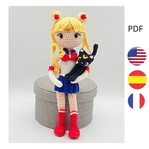 Crochet pattern Moon, patter doll sailor and the cat. Pattern amigurumi doll.  Pattern cat amigurumi