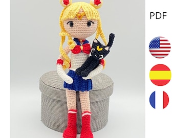 Crochet pattern Moon, patter doll sailor and the cat. Pattern amigurumi doll.  Pattern cat amigurumi